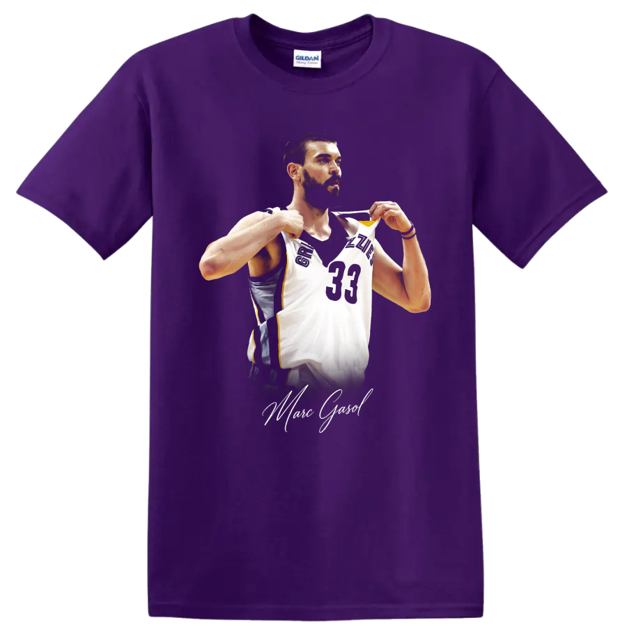 Marc Gasol in Memphis Grizzlies number 33 jersey with signature-style lettering on a Purple T Shirt