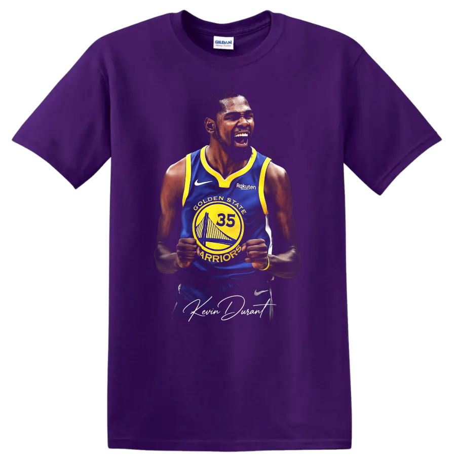 Kevin Durant Golden State Warriors number 35 celebration graphic with signature script on a Purple T Shirt