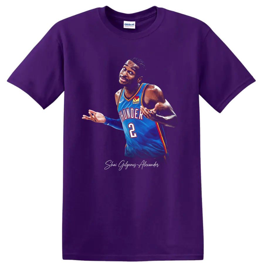 Shai Gilgeous-Alexander Oklahoma City Thunder blue jersey basketball portrait on a Purple T Shirt