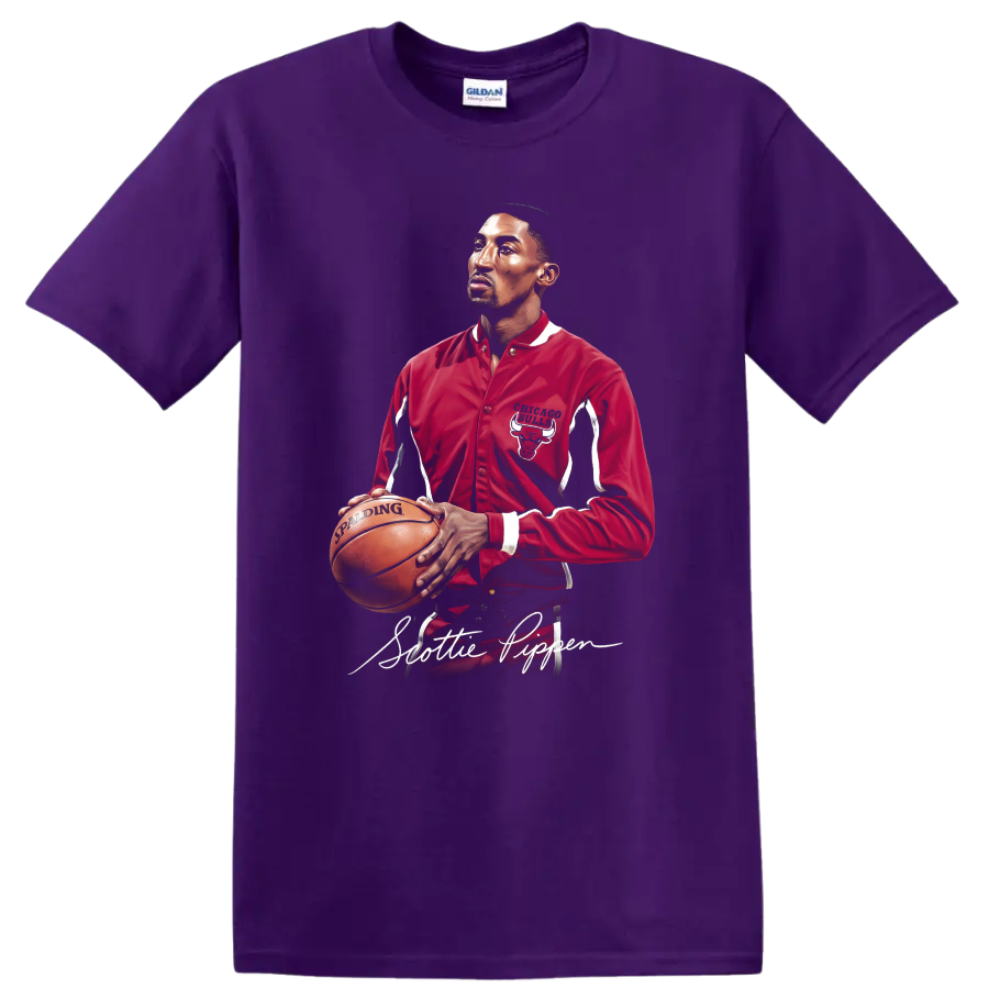 Scottie Pippen Chicago Bulls portrait holding basketball in red jacket with script name on a Purple T Shirt