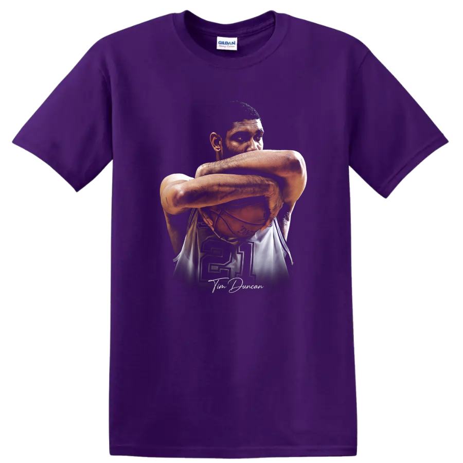 Tim Duncan portrait cradling basketball with number 21 and signature-style script on a Purple T Shirt