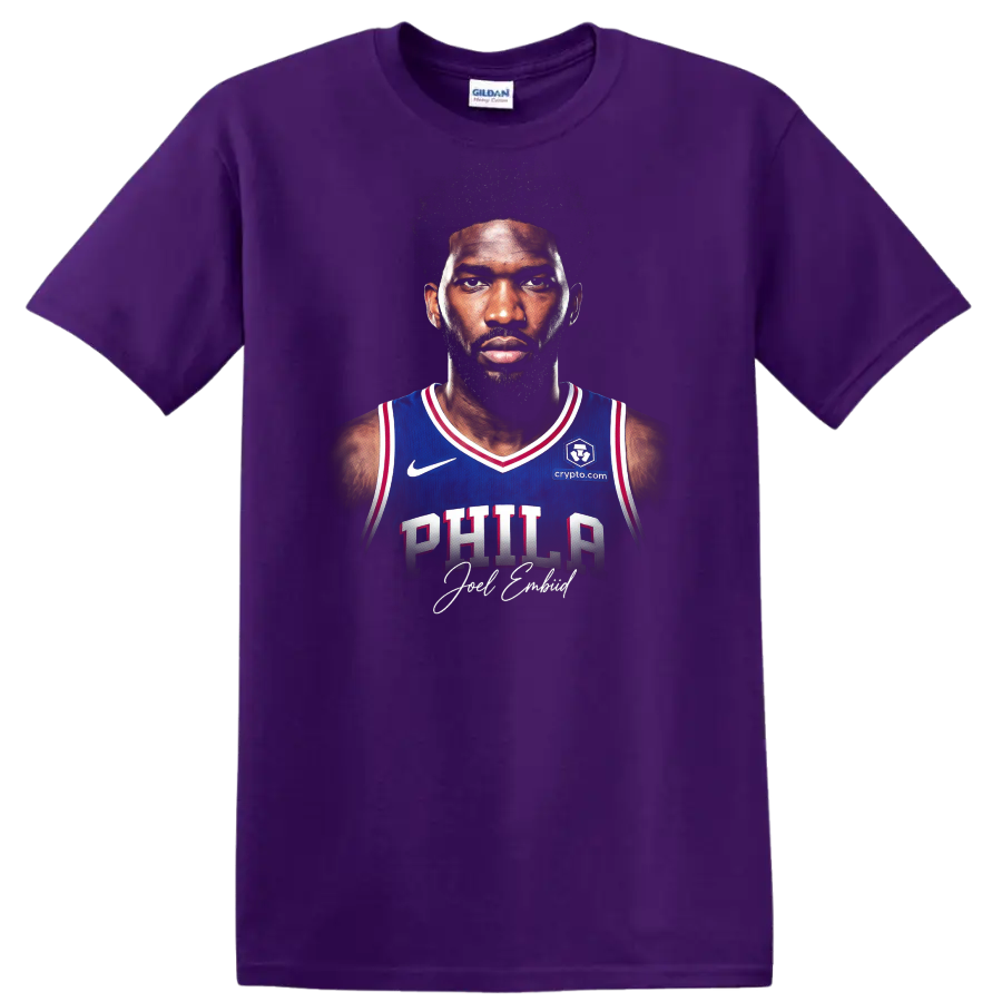 Caleb Martin Philadelphia 76ers basketball portrait with distressed graphic backdrop on a Purple T Shirt