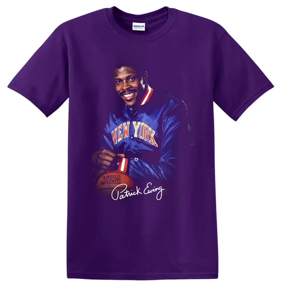 Patrick Ewing New York Knicks vintage portrait with basketball and signature-style text on a Purple T Shirt