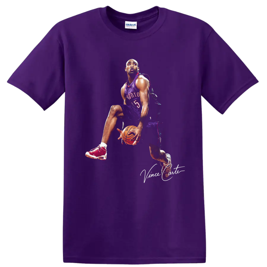 Vince Carter in Toronto Raptors number 15 uniform with basketball and signature graphic on a Purple T Shirt