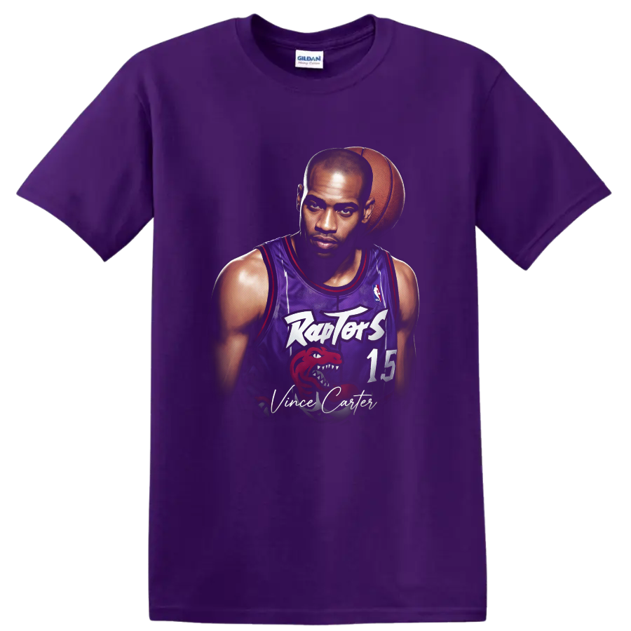Vince Carter Toronto Raptors basketball portrait with number 15 jersey and signature text on a Purple T Shirt
