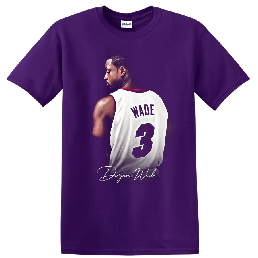 Dwyane Wade Miami Heat number 3 jersey portrait with distressed lettering and signature on a Purple T Shirt