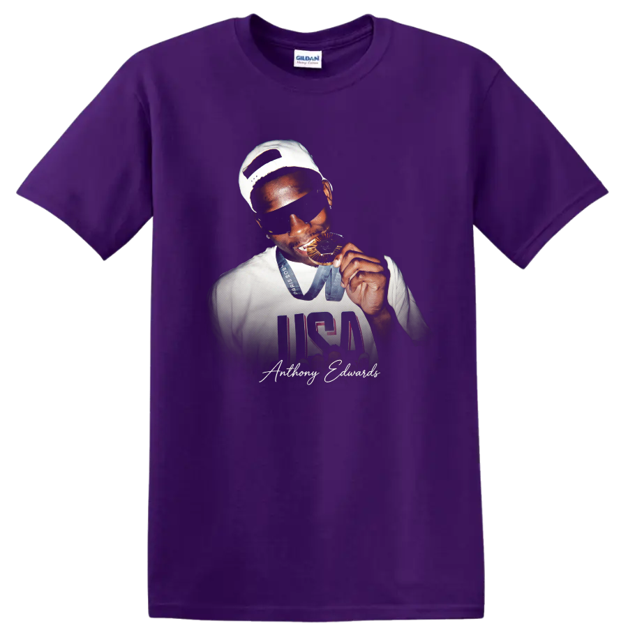 Anthony Edwards Team USA medal portrait with USA jersey graphic and signature on a Purple T Shirt