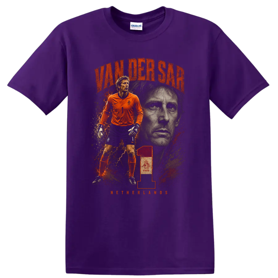 Edwin van der Sar Netherlands goalkeeper vintage soccer graphic on a Purple T Shirt