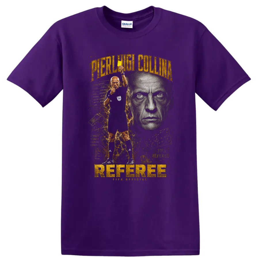 Pierluigi Collina referee portrait with yellow card and bold gold typography on a Purple T Shirt