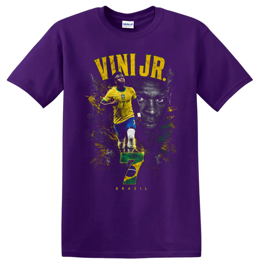 Vinícius Júnior Brazil soccer graphic with VINI JR. text and number 7 on a Purple T Shirt