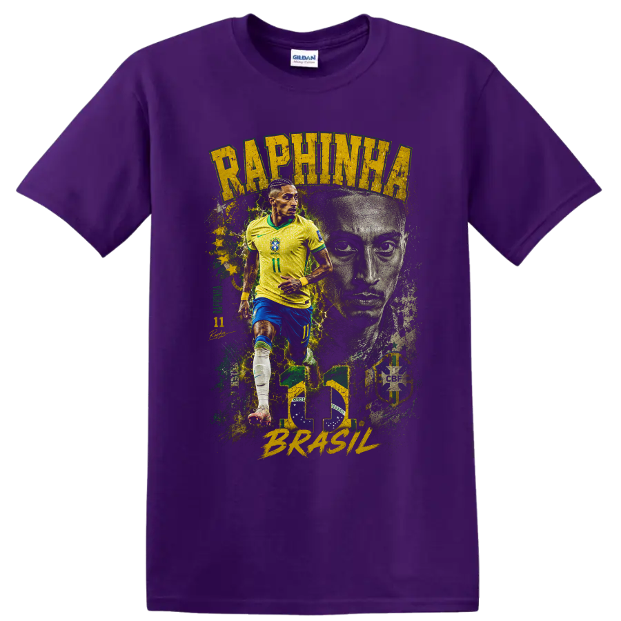 Raphinha Brazil soccer collage with action pose and portrait on a Purple T Shirt