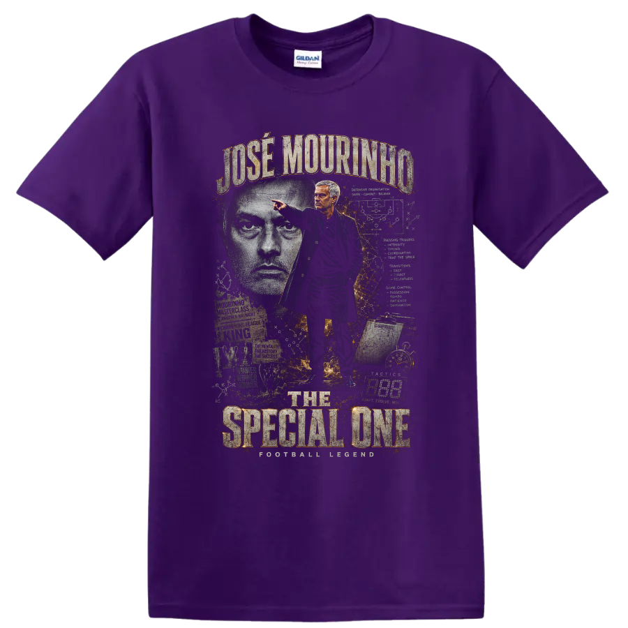 José Mourinho Real Madrid soccer coach portrait with The Special One text on a Purple T Shirt