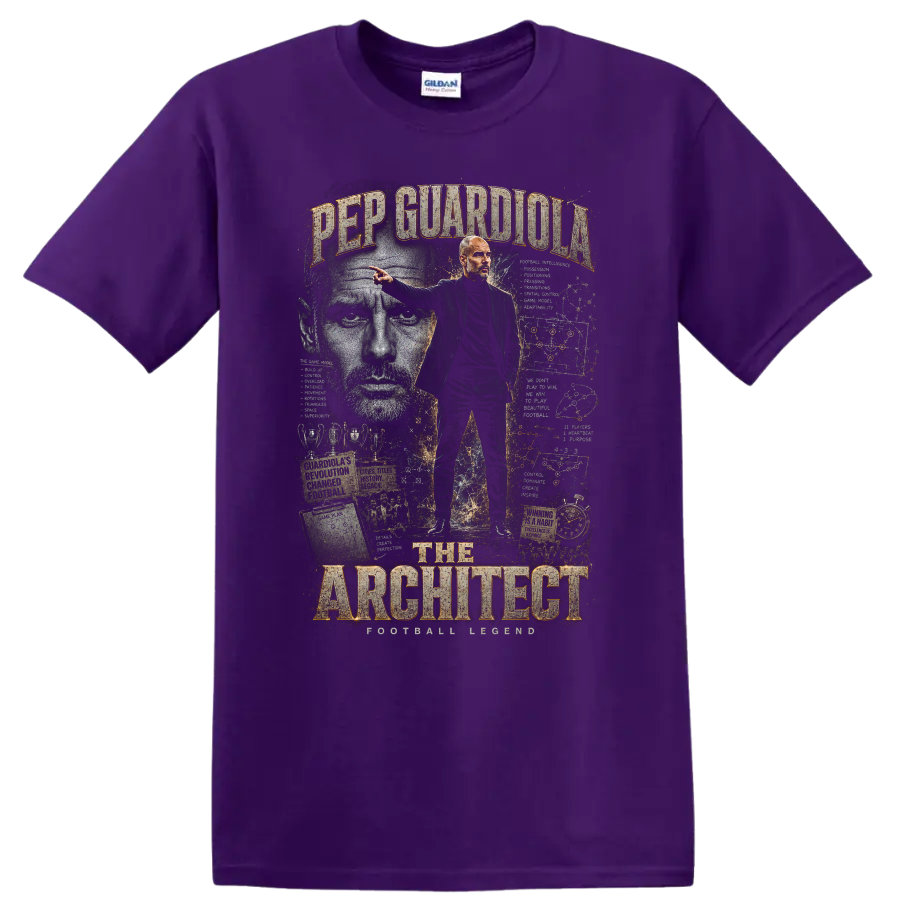 Pep Guardiola Manchester City tactical collage with The Architect text on a Purple T Shirt