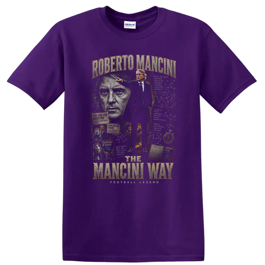 Roberto Mancini Italy soccer coach collage with The Mancini Way text on a Purple T Shirt