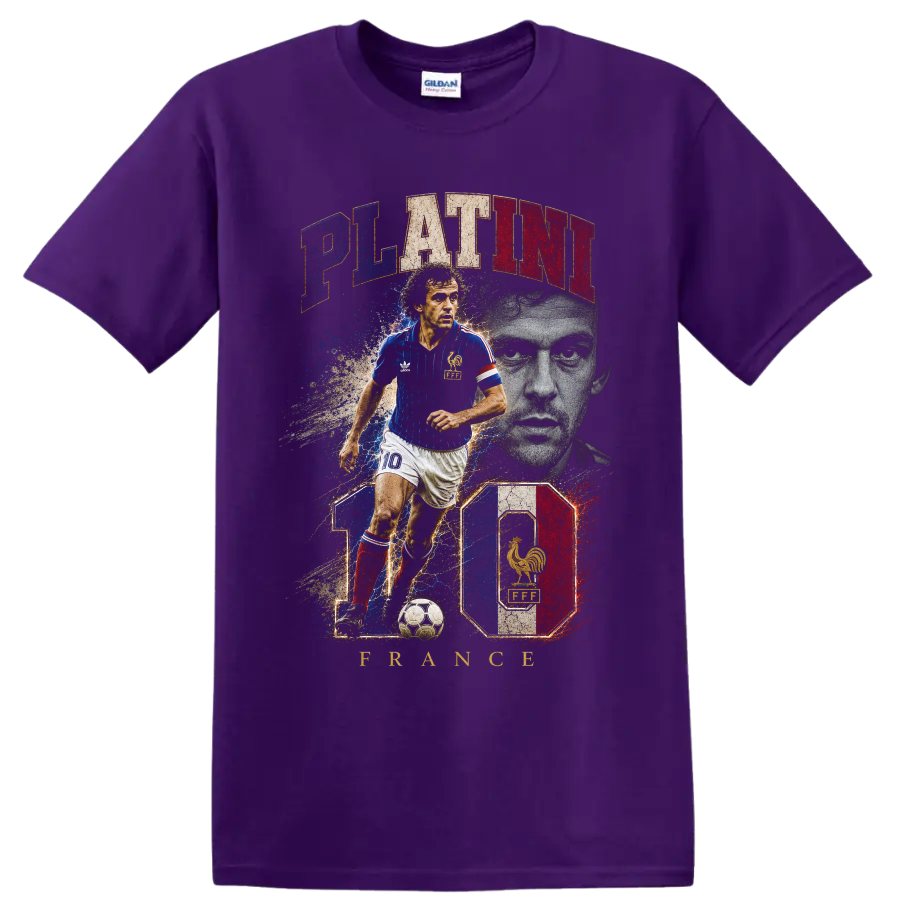 Michel Platini France soccer player vintage graphic with PLATINI text on a Purple T Shirt