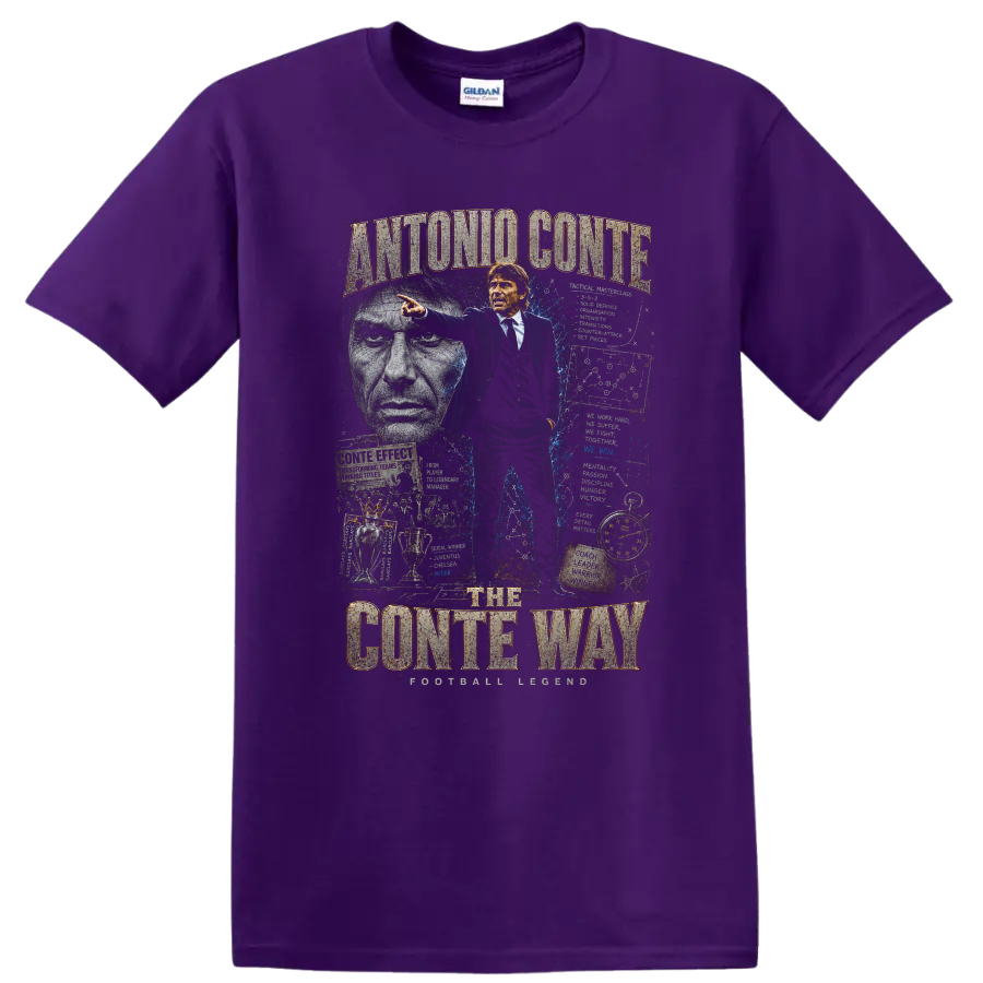 Antonio Conte The Conte Way soccer coach collage graphic print on a Purple T Shirt