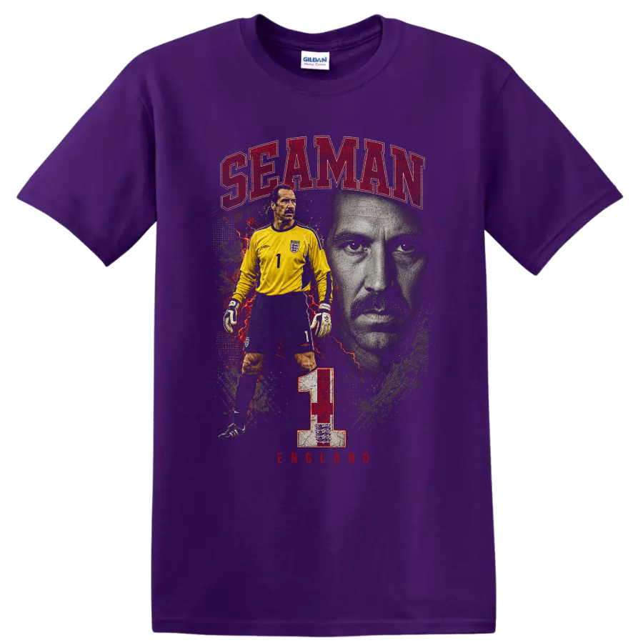 David Seaman Arsenal goalkeeper retro soccer portrait with number 1 on a Purple T Shirt