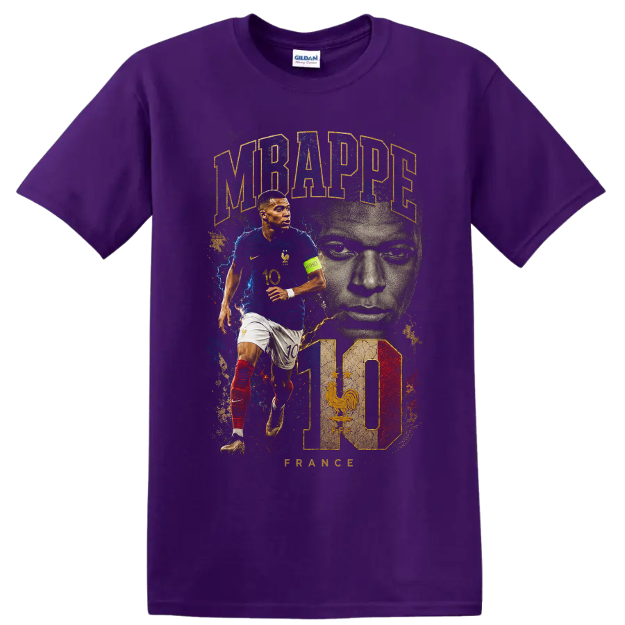 Kylian Mbappé France soccer action portrait graphic with number 10 on a Purple T Shirt