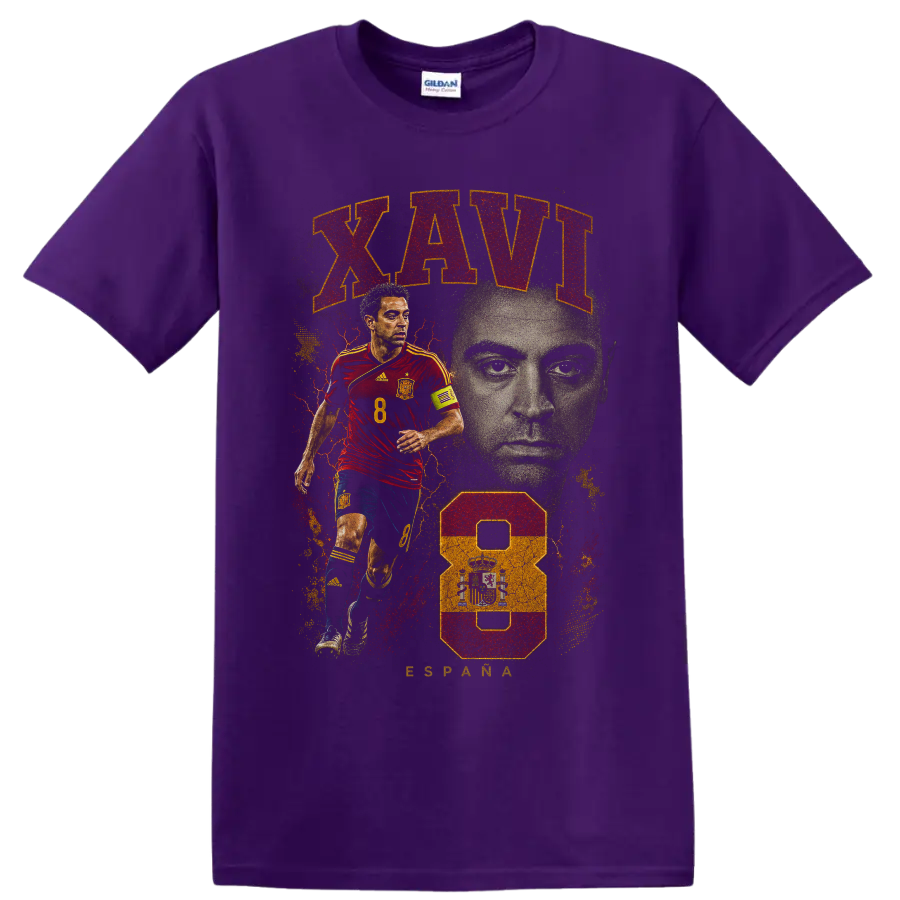 Xavi Hernández Spain soccer tribute graphic with portrait and number 8 on a Purple T Shirt