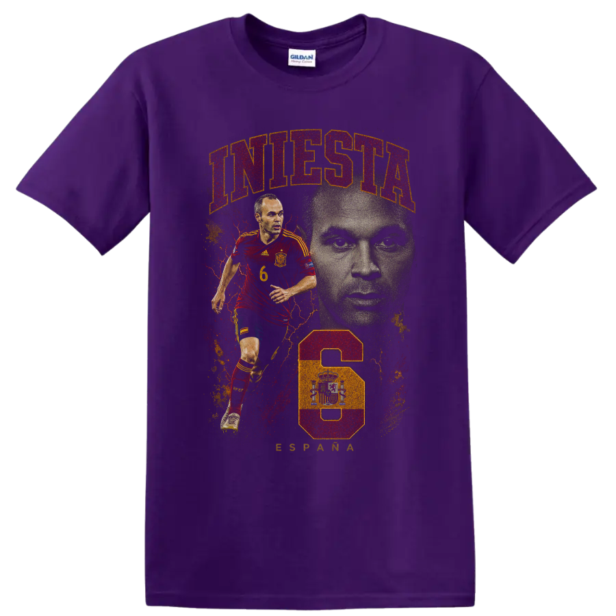 Xavi Hernández Spain soccer action portrait graphic print on a Purple T Shirt