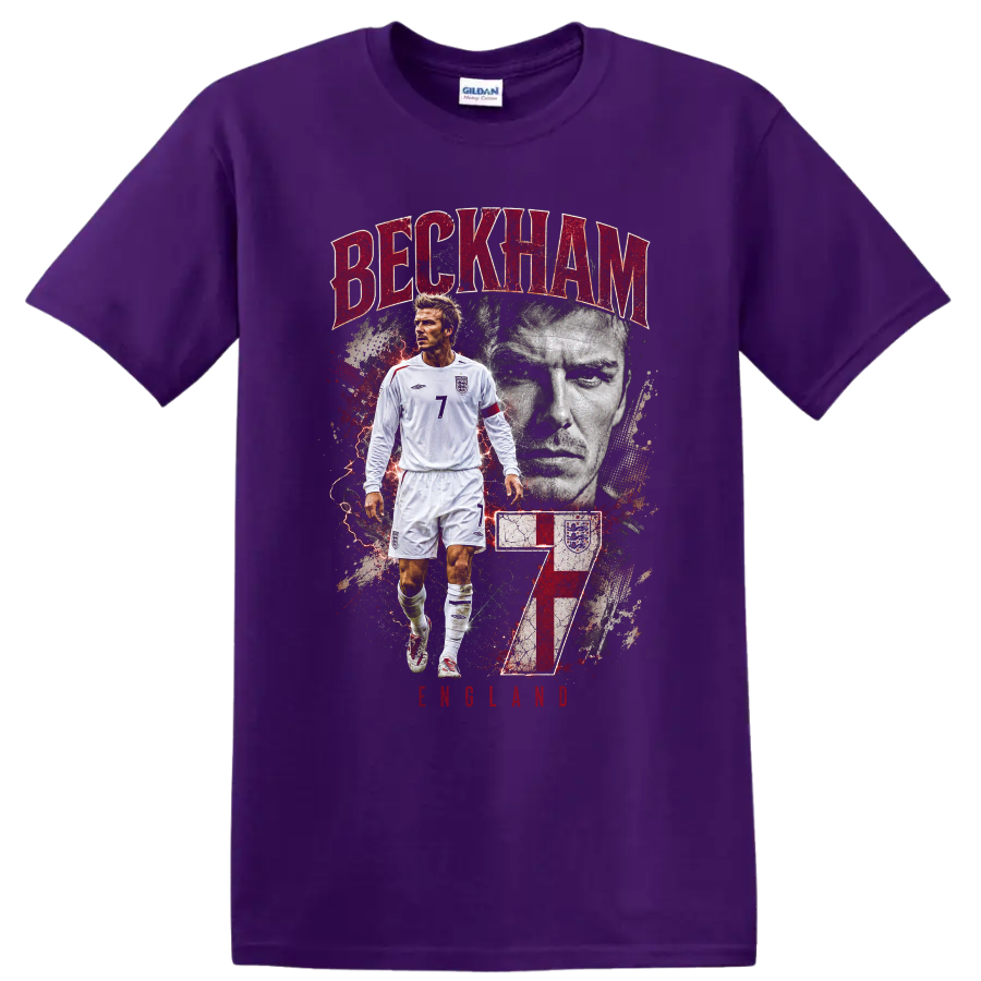 David Beckham England number 7 soccer portrait graphic on a Purple T Shirt