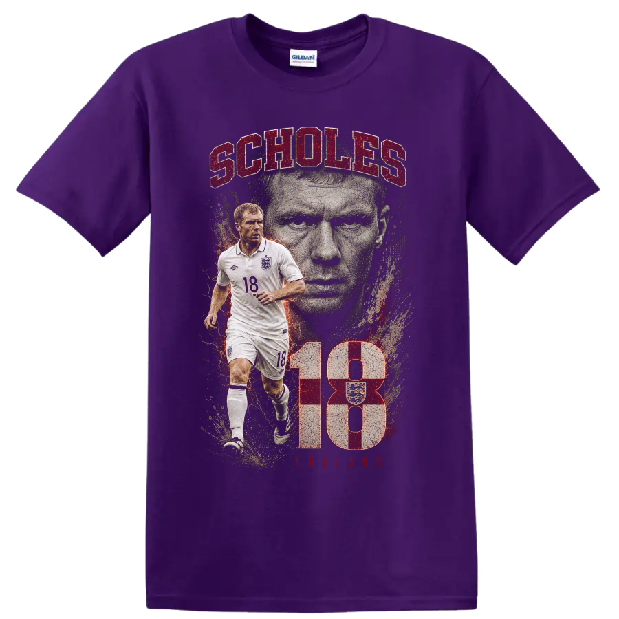 Paul Scholes England soccer portrait graphic with SCHOLES text on a Purple T Shirt