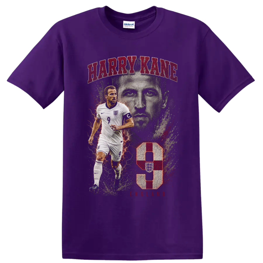 Harry Kane England soccer graphic with number 9 on a Purple T Shirt
