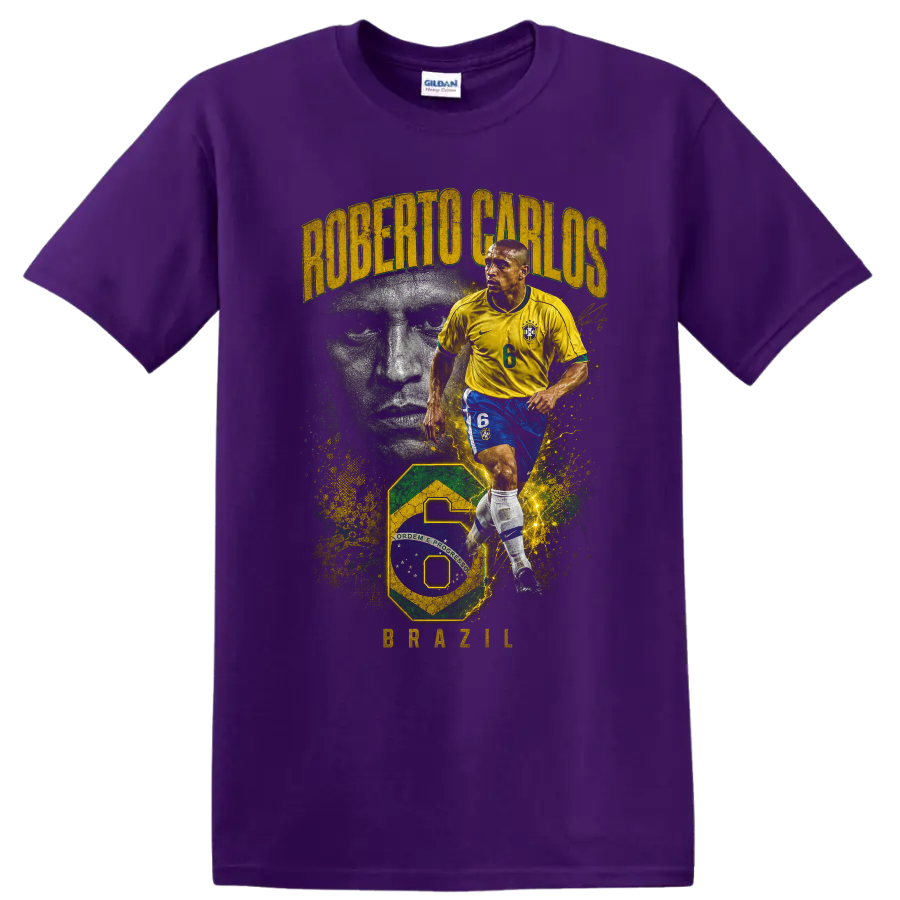 Roberto Carlos Brazil soccer action portrait with ROBERTO CARLOS and BRAZIL text on a Purple T Shirt
