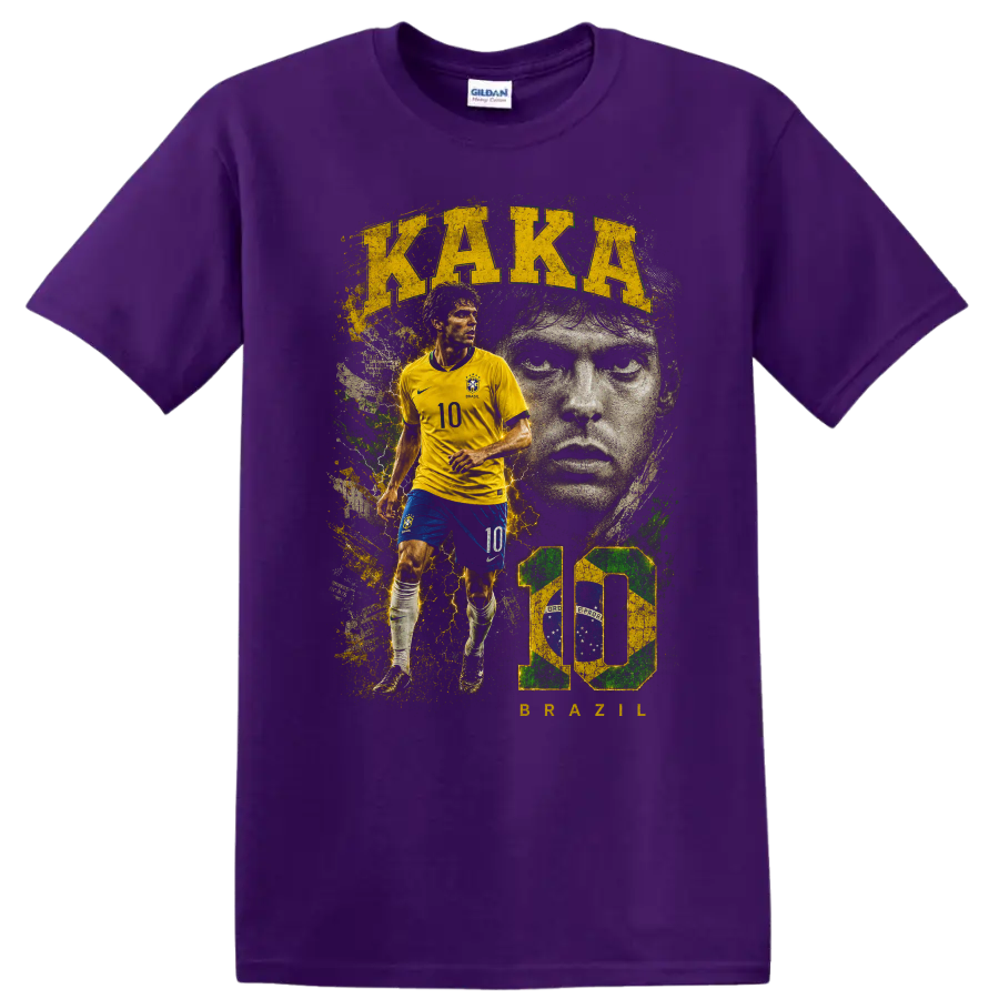 Kaká Brazil soccer graphic with action pose, portrait, and KAKA BRAZIL text on a Purple T Shirt