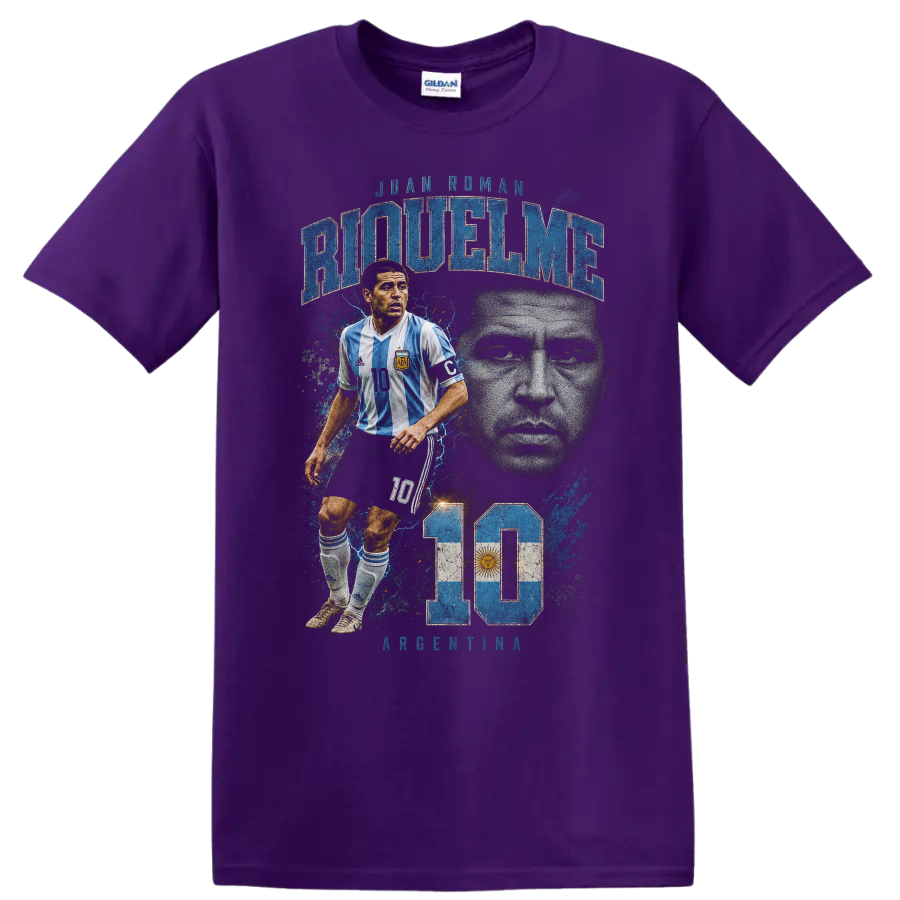 Juan Román Riquelme Argentina soccer portrait graphic print with number 10 on a Purple T Shirt