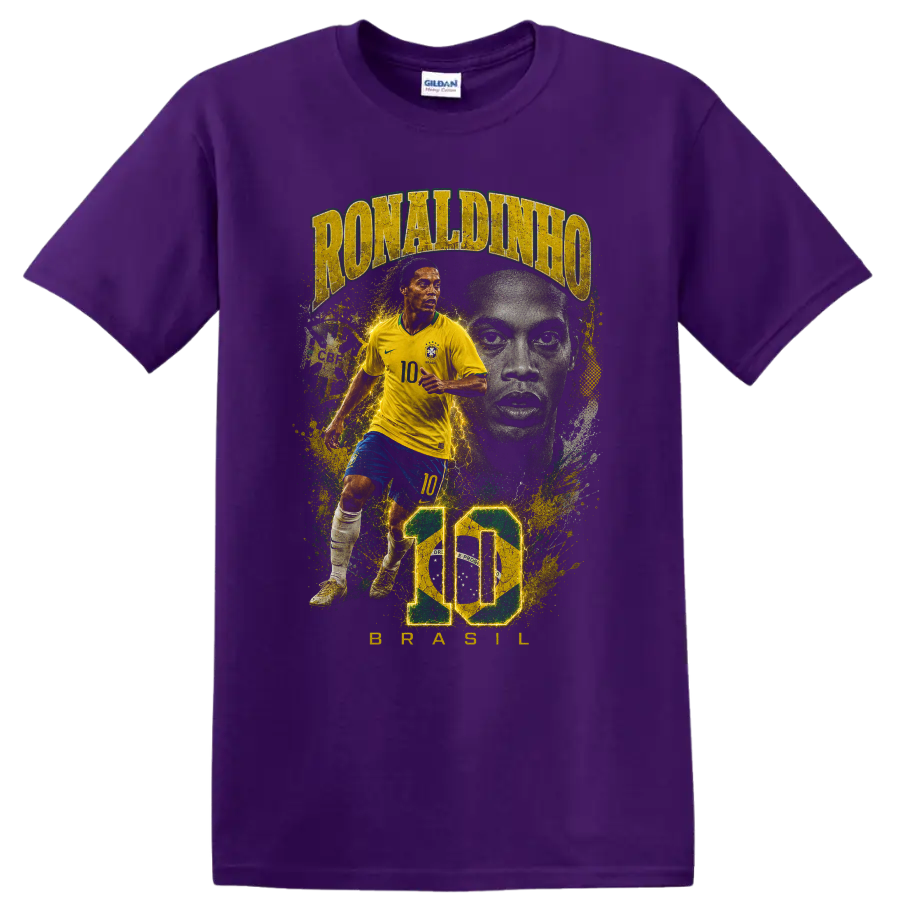 Ronaldinho Brazil soccer graphic with number 10 and bold portrait artwork on a Purple T Shirt