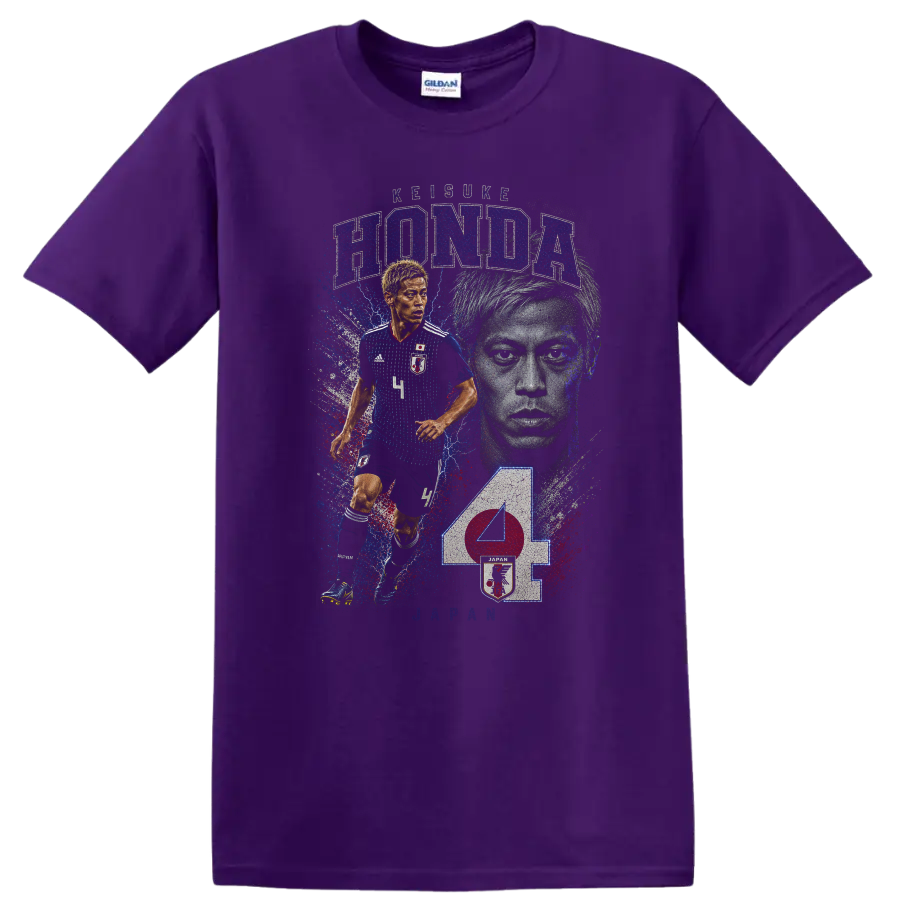 Keisuke Honda Japan soccer action portrait with HONDA and JAPAN text on a Purple T Shirt