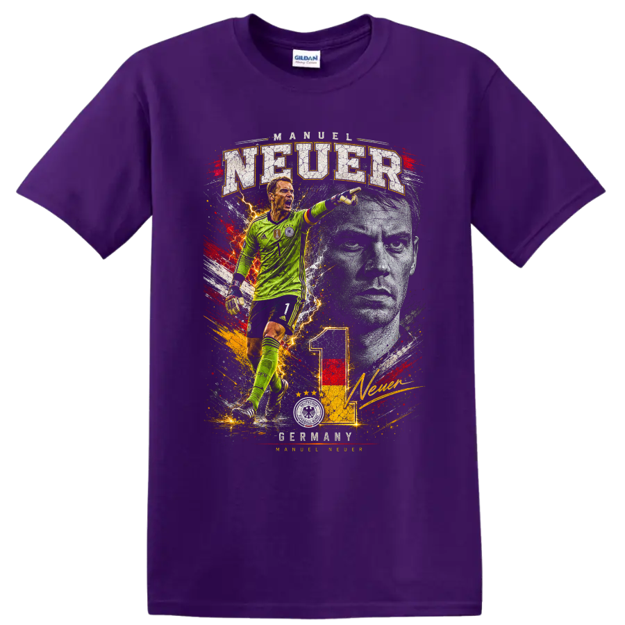 Manuel Neuer Germany goalkeeper action graphic with distressed lettering on a Purple T Shirt