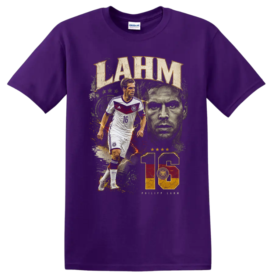 Philipp Lahm Germany soccer tribute graphic with LAHM text and number 16 on a Purple T Shirt