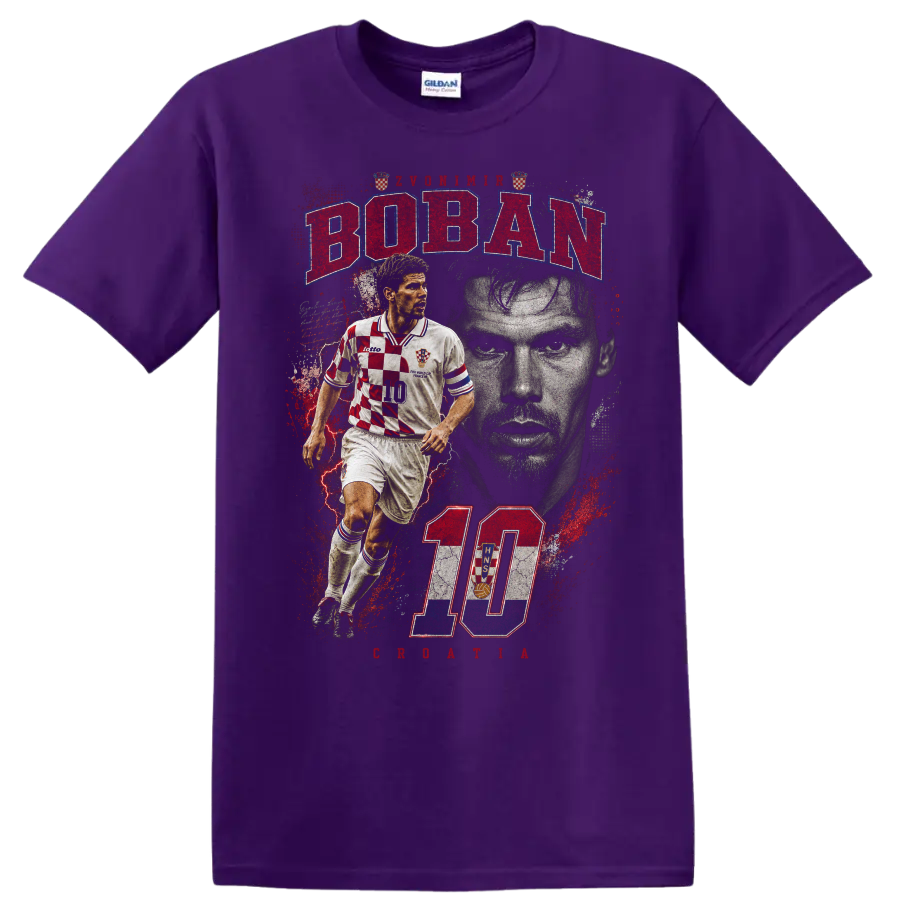 Zvonimir Boban retro soccer graphic with BOBAN and number 10 on a Purple T Shirt