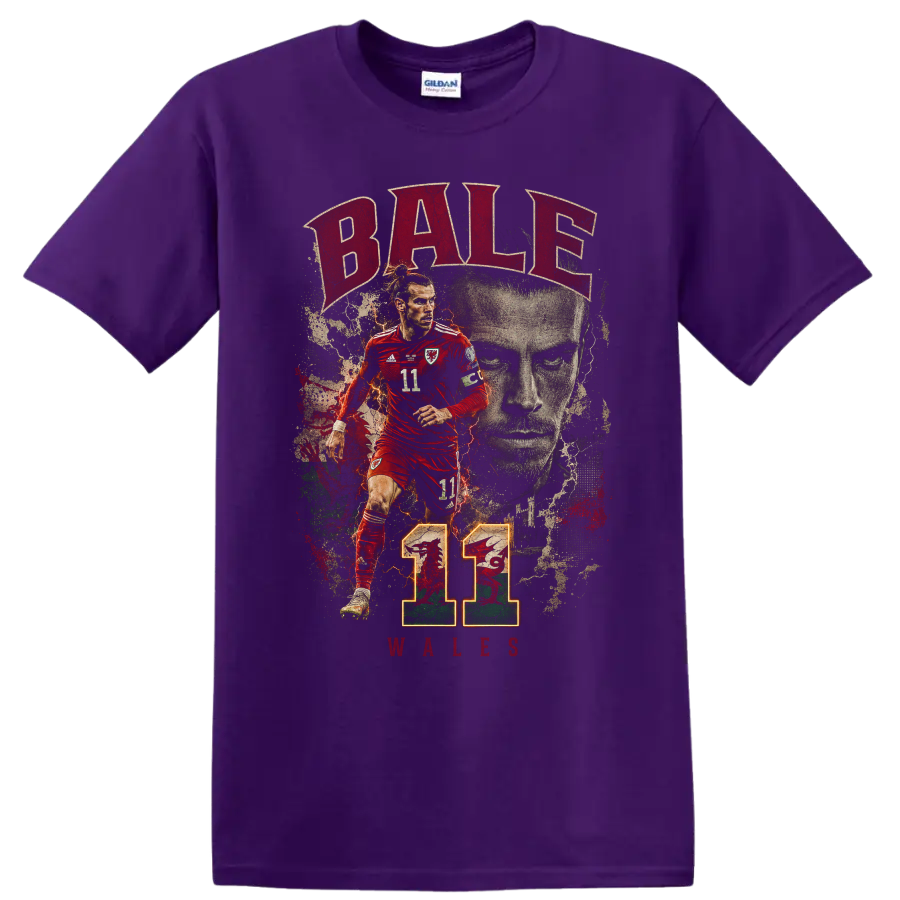 Gareth Bale Wales soccer graphic with BALE, WALES, and number 11 on a Purple T Shirt