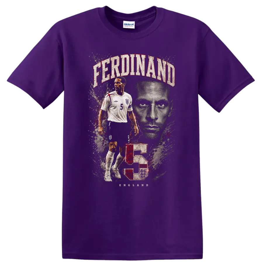 Rio Ferdinand England soccer portrait with FERDINAND text and number 5 on a Purple T Shirt