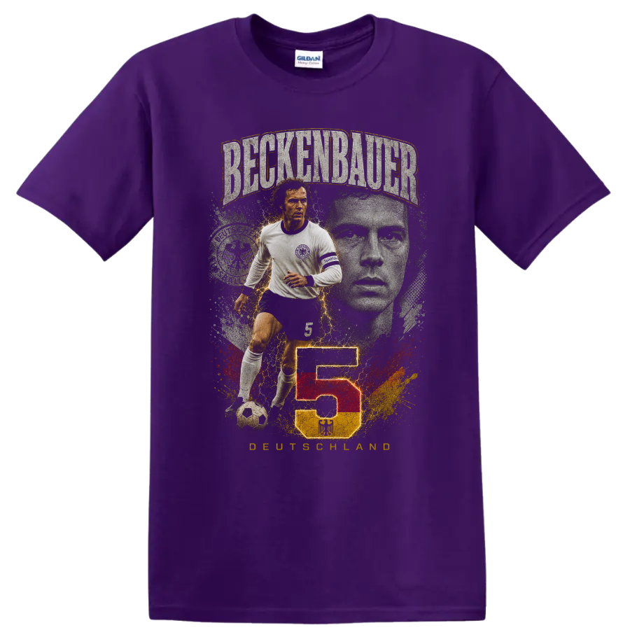 Franz Beckenbauer soccer graphic with BECKENBAUER, number 5, and DEUTSCHLAND on a Purple T Shirt