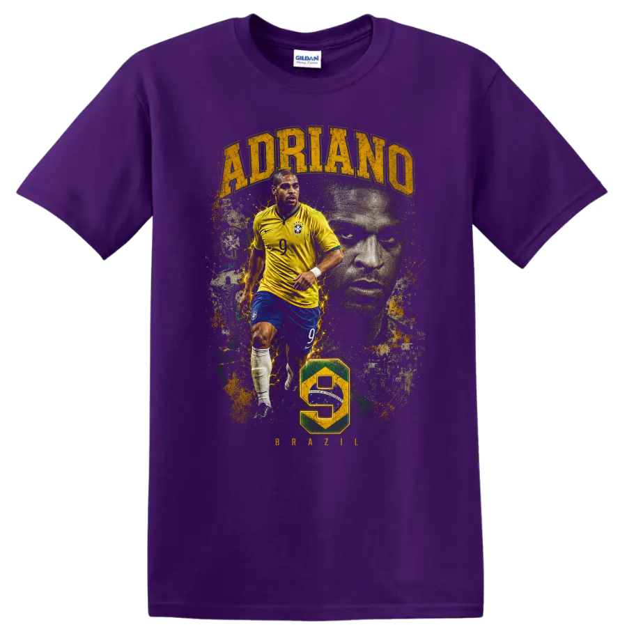 Adriano Brazil soccer graphic with action pose, portrait, and number 9 on a Purple T Shirt