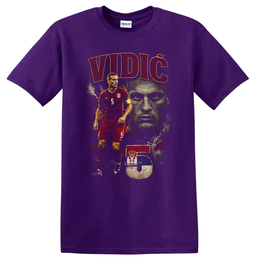 Nemanja Vidic Serbia soccer portrait graphic with VIDIĆ and number 5 on a Purple T Shirt