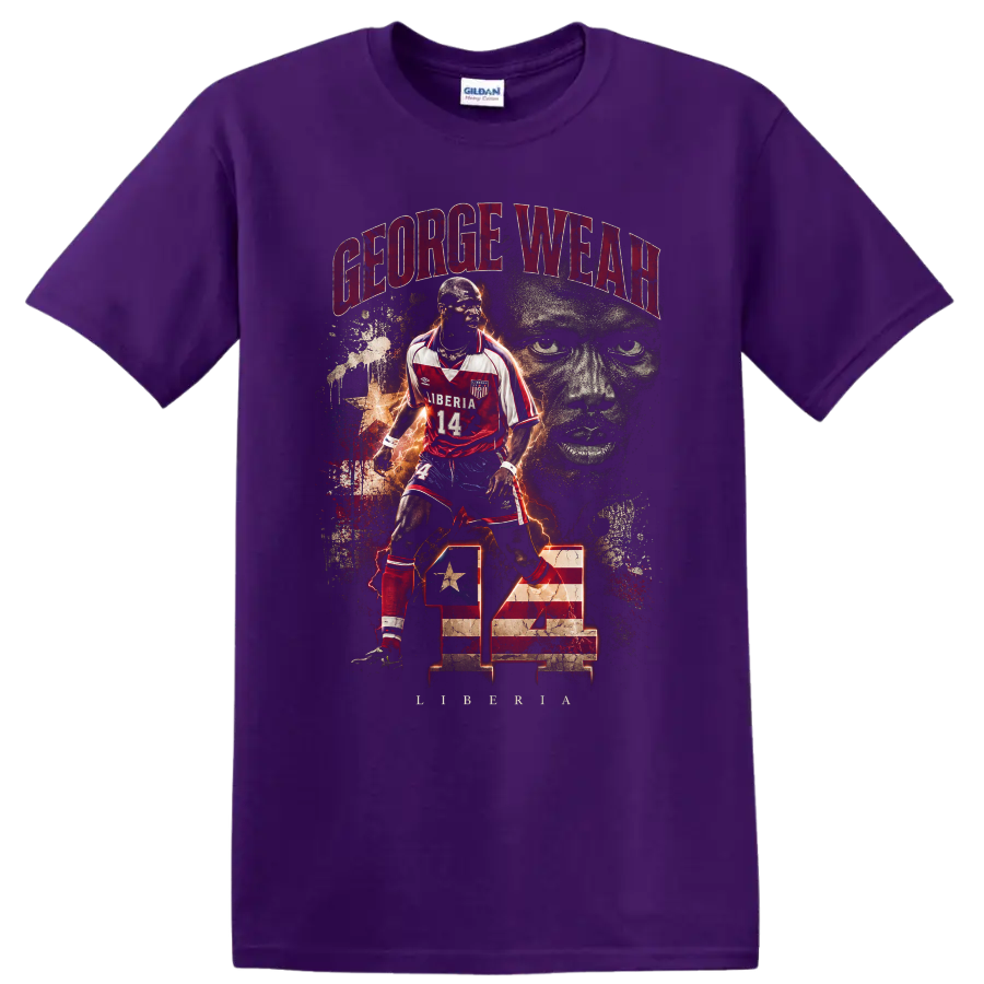 George Weah Liberia soccer number 14 distressed portrait graphic on a Purple T Shirt