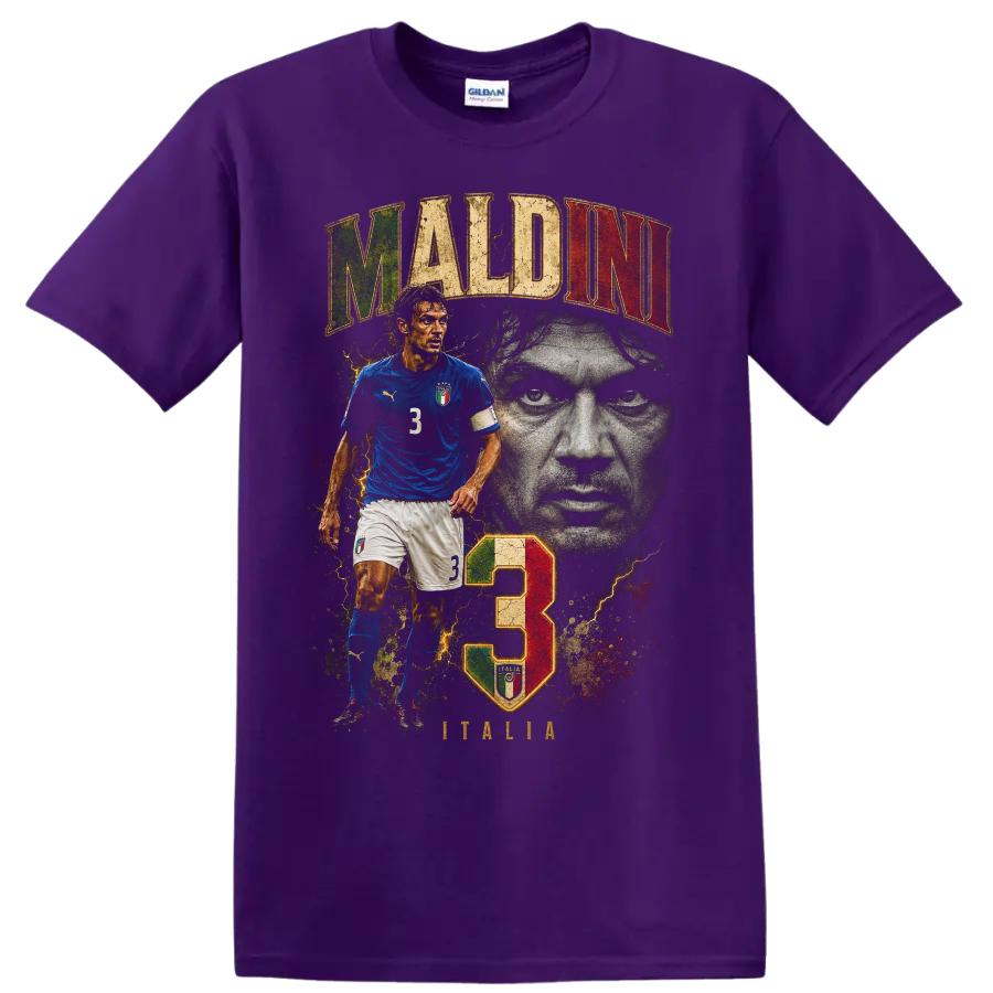 Paolo Maldini Italy soccer graphic with portrait, number 3, and MALDINI text on a Purple T Shirt