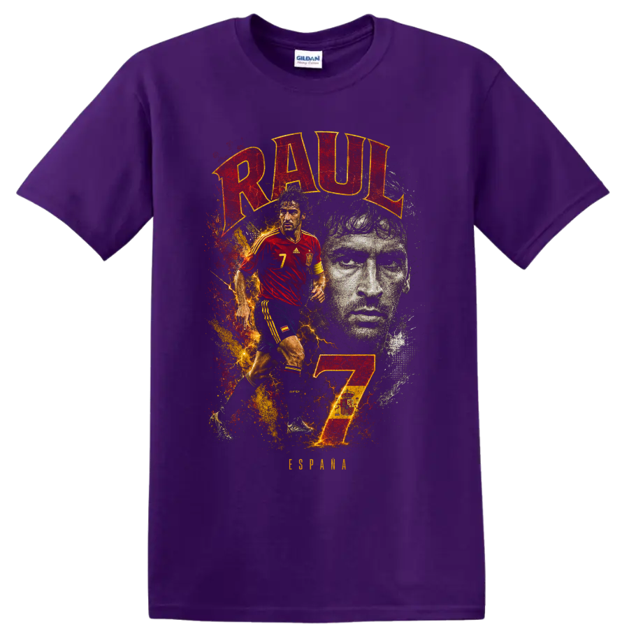 Raúl González soccer tribute graphic with RAUL lettering and number 7 on a Purple T Shirt