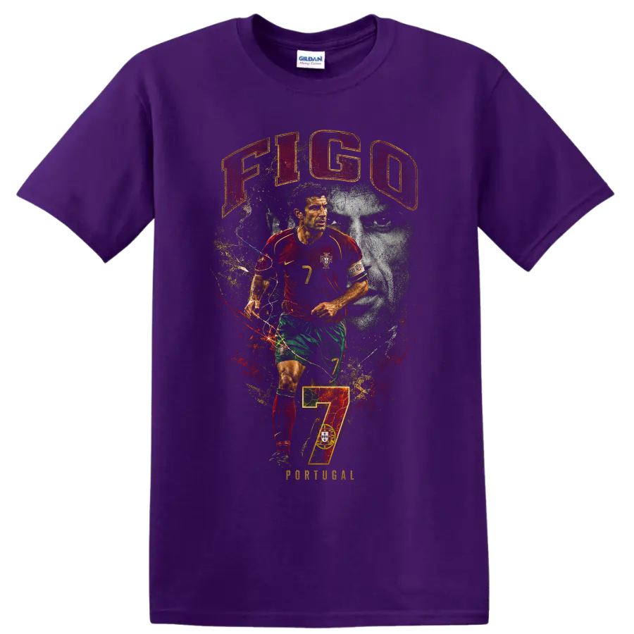 Luís Figo Portugal soccer portrait with number 7 and distressed graphic design on a Purple T Shirt