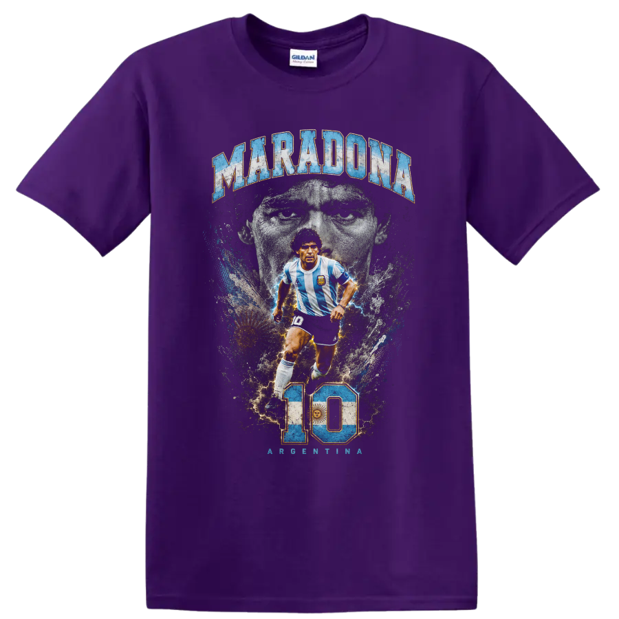 Diego Maradona Argentina soccer graphic with number 10 and portrait on a Purple T Shirt