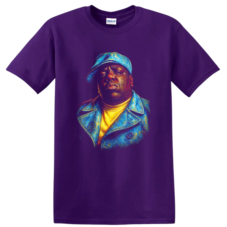 Colorful textured portrait of The Notorious B.I.G. in a cap and jacket on a Purple T Shirt
