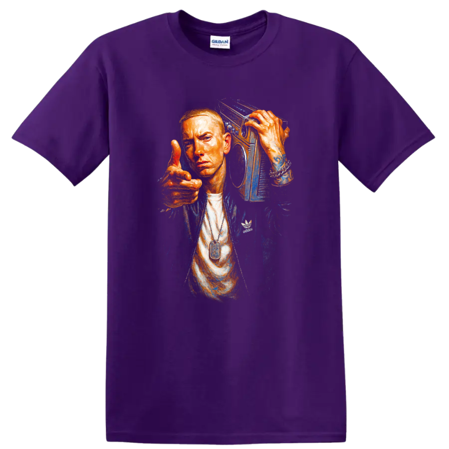 Eminem portrait graphic with boombox in vivid orange and blue on a Purple T Shirt