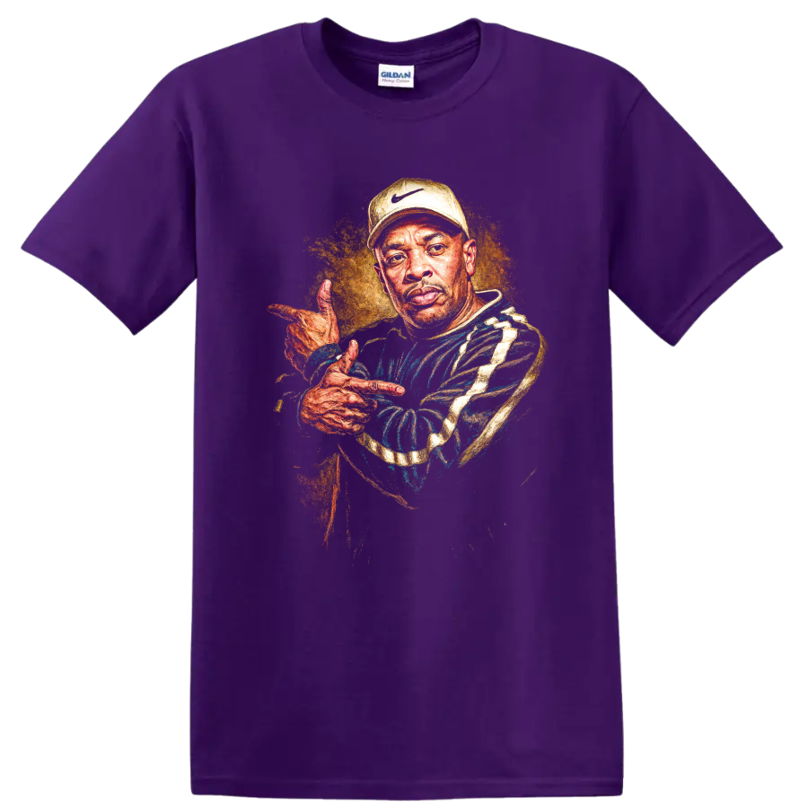 Dr. Dre portrait in vibrant hand-painted West Coast hip-hop style on a Purple T Shirt
