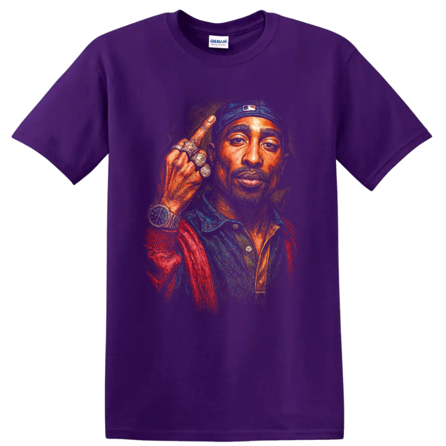 Colorful Tupac Shakur 2Pac hip-hop portrait graphic print on a Purple T Shirt