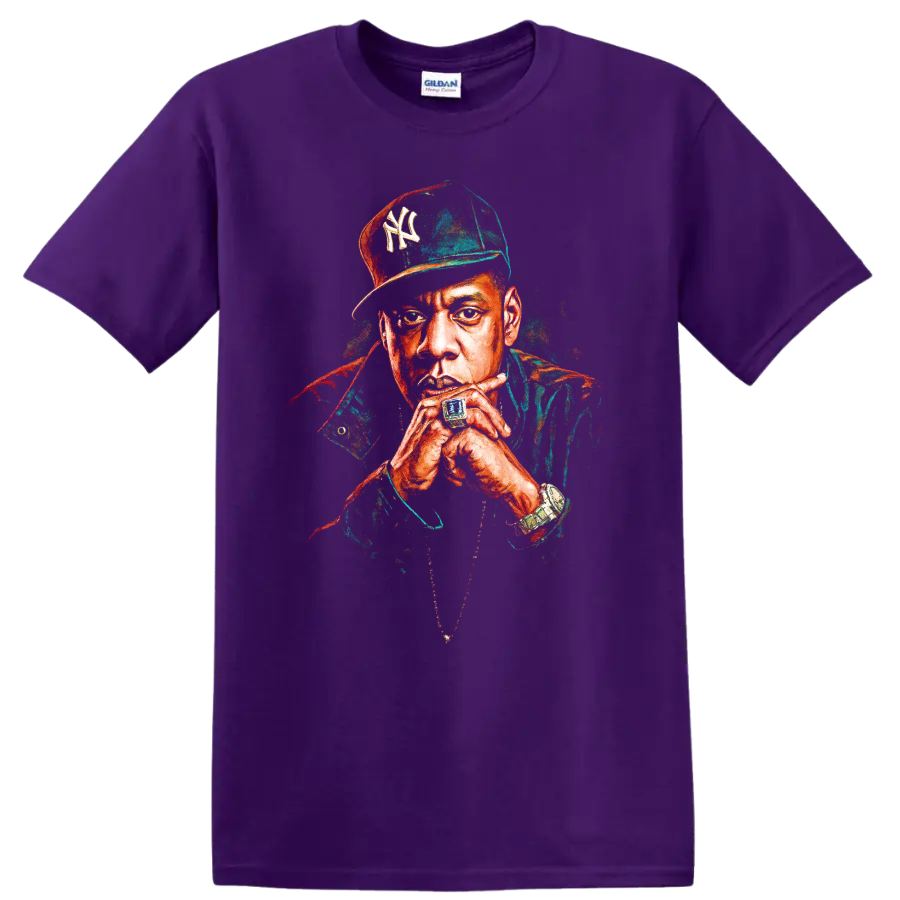 Jay-Z pop-art portrait wearing a New York Yankees-inspired cap on a Purple T Shirt
